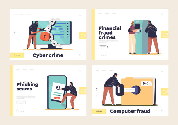 ilustrações, clipart, desenhos animados e ícones de conjunto de crimes cibernéticos de landing pages com hackers roubando dados pessoais, credenciais bancárias - burglar thief internet security