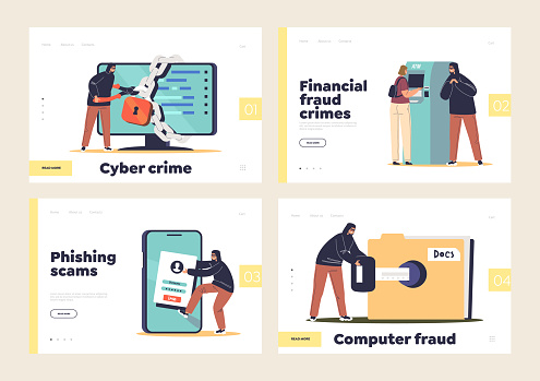 Cyber crimes set of landing pages with hackers stealing personal data, banking credentials and information from smartphone, computer, atm machine for phishing. Cartoon flat vector illustration