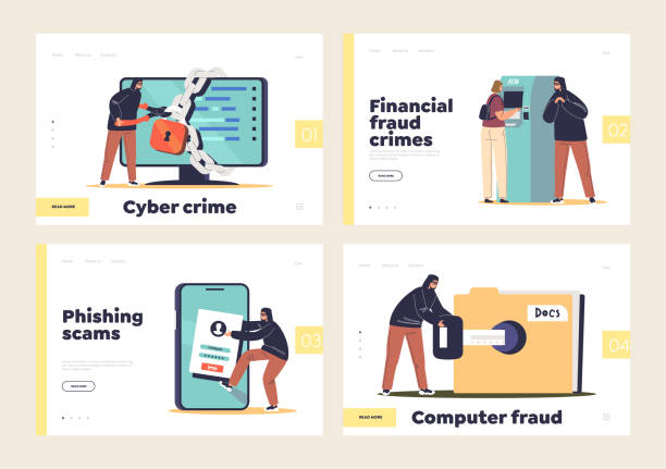 Cyber crimes set of landing pages with hackers stealing personal data, banking credentials vector art illustration