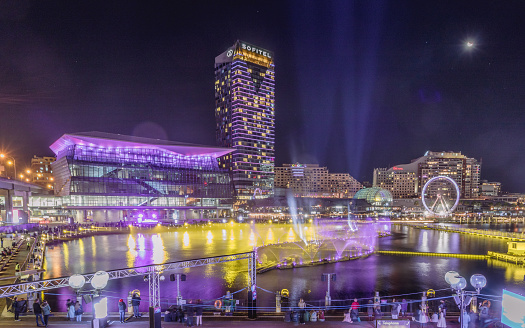 2022-05-06 - Darling Harbour, NSW, Australia. This photo shows Darling Harbour during the 2022 Vivid Sydney Festival. It is the first week of the event, after being cancelled for 2 years.
