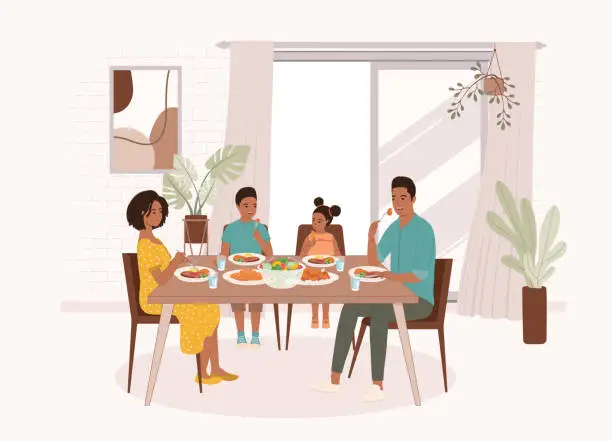 Vector illustration of Black Family Eating Dinner Together.
