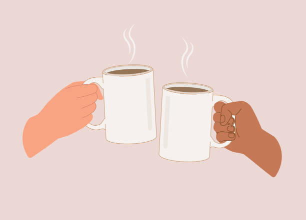 ilustrações de stock, clip art, desenhos animados e ícones de two hands with different color skin toasting with a cup of hot drink. - toast coffee