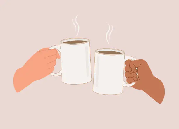 Vector illustration of Two Hands With Different Color Skin Toasting With A Cup Of Hot Drink.