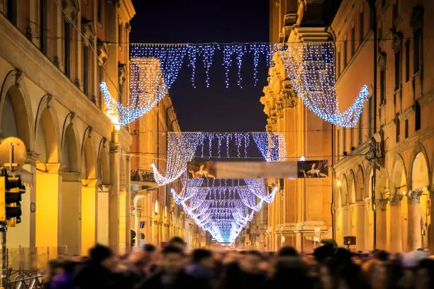 Photo of Main street in Bologna in Christmas time, at night