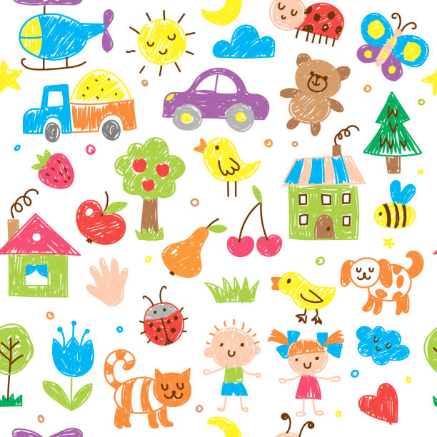 Kids drawn pattern. Funny doodle pencils drawn sketches grass trees clouds flowers animals houses recent vector seamless background Kids drawn pattern. Funny doodle pencils drawn sketches grass trees clouds flowers animals houses recent vector seamless background. Illustration of drawn child pattern seamless kid goat stock illustrations