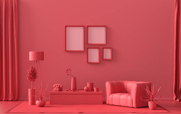 istock Interior room in plain monochrome red, 4 monochrome bluemes on the wall, Gallery wall 1401634971