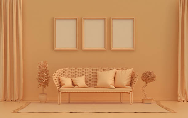 istock Gallery wall with three frames, in single orange color room and plants 1401635202