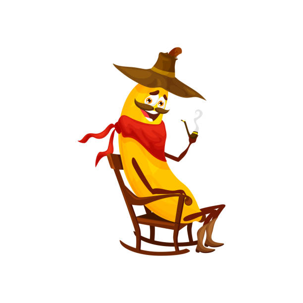 Cartoon cowboy, sheriff, robber and ranger banana Cartoon cowboy, sheriff, robber, bandit and ranger banana fruit character. Vector wild west hero tropical fruit in hat, boots and bandana relax with smoking pipe in rocking chair, western personage banana seat stock illustrations