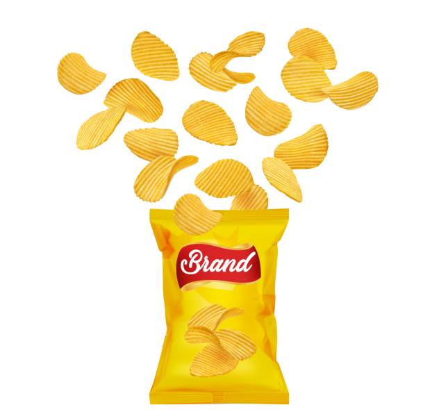 ilustraciones, imágenes clip art, dibujos animados e iconos de stock de papas fritas crujientes onduladas volando en el paquete - potatoe chips