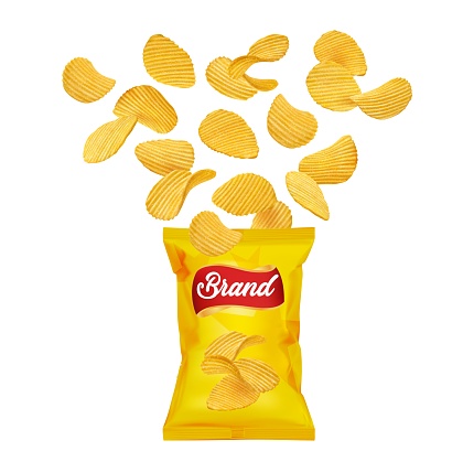 Crispy ripple potato chips flying into pack, vector realistic snacks package. Ripple potato chips splash of falling into pack, baked potato chips with ribbed crunchy crisps