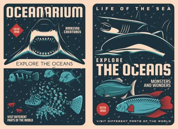 Vector illustration of Sea animals retro posters, oceanarium fishes