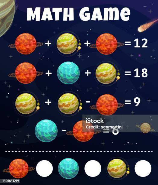 Space And Math Math Game Worksheet Galaxy Space Planets Maze Stock Illustration ...
