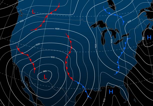 vorhersage wetter isobar nacht karte von nordamerika - meteorology weather ice cold stock-grafiken, -clipart, -cartoons und -symbole