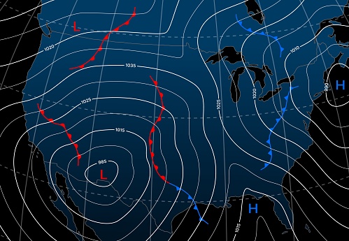 Forecast weather isobar night map of Northern America, meteorology wind fronts vector diagram. North America map with weather forecast and temperature isobar with pressure and wind charts