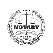 istock Public notary round icon with wreath and scales 1401641286