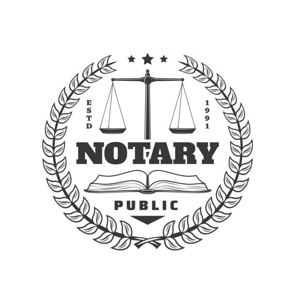 Public notary round icon with wreath and scales Public notary round icon with laurel wreath, opened book and scales of justice. Juridical firm or agency retro sign, notary service monochrome vector emblem, justice and law office vintage badge notary stock illustrations
