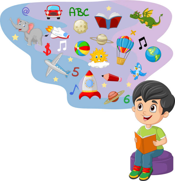 ilustraciones, imágenes clip art, dibujos animados e iconos de stock de niño pequeño leyendo un libro. ilustración del concepto de imaginación - 11981