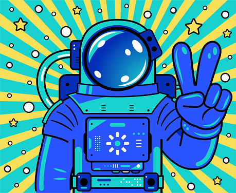 Cartoon Characters Design Vector Art Illustration. 
An astronaut wearing a spacesuit holds up the index and middle fingers to signal victory or peace.