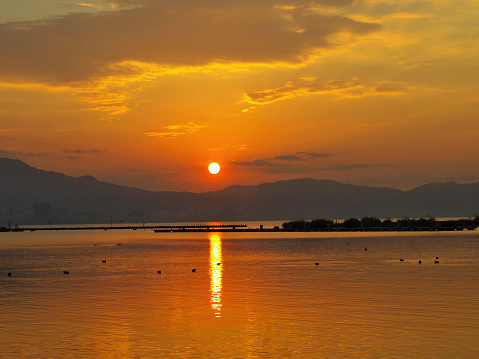Evening view of Lake Biwa in Shiga Prefecture.\nJapan