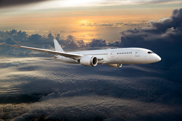 istock Passenger wide body plane flying high above the sunset clouds 1401646167
