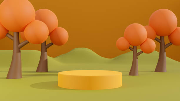 istock Autumn background, Concept product presentation podium with hill and tree on orange background. 3d rendering 1401647217