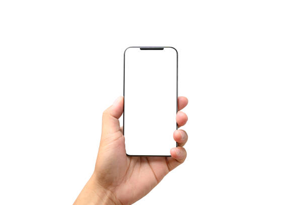 teléfono de mano macho aislado en blanco, maqueta de la pantalla en blanco del teléfono inteligente con ruta de recorte - manos fotografías e imágenes de stock