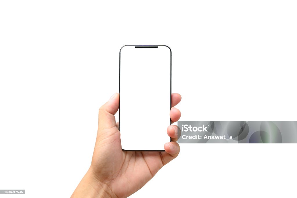 クリッピングパスを備えた白いモックアップスマートフォンの空白の画面に隔離された電話を保持する男性の手 - 手のロイヤリティフリーストックフォト