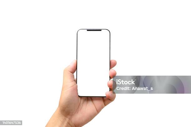 Male Hand Holding Phone Isolated On White Mockup Smartphone Blank Screen With Clipping Path Stock Photo - Download Image Now