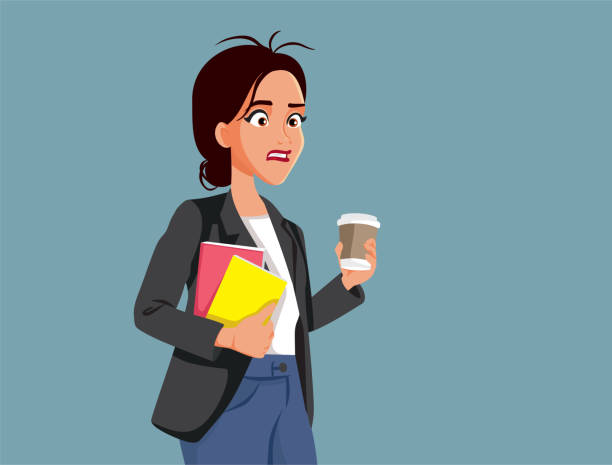 ilustraciones, imágenes clip art, dibujos animados e iconos de stock de mujer estresada que comienza el día con la ilustración de dibujos animados vectoriales de café - dependency caffeine tired women