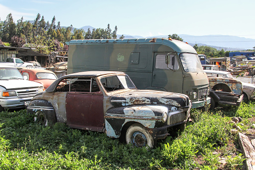 Santiago, Chile - November 19, 2015: Classic American car Ford Super Deluxe at a junk yard.