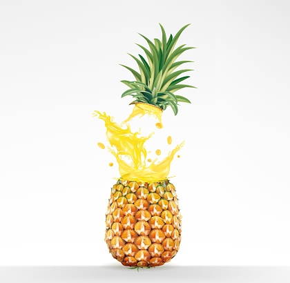 Yellow juice exploding out of a pineapple isolated on white background.Illustration vector