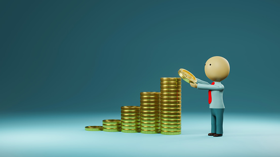 Portrait of a cartoon character with a stack of money. 3d rendering