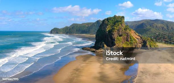 Piha Beach And Lion Rock In The Morning Sun New Zealand Stock Photo - Download Image Now