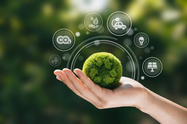 Hand of human holding green world with environment icon.