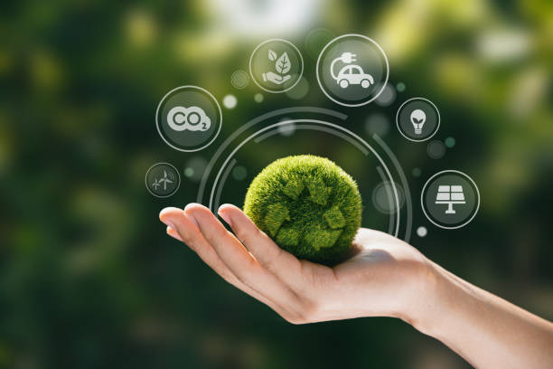 Hand of human holding green world with environment icon. Hand of human holding green world with environment icon, Save world, sustainable environment concept. environmental issues stock pictures, royalty-free photos & images
