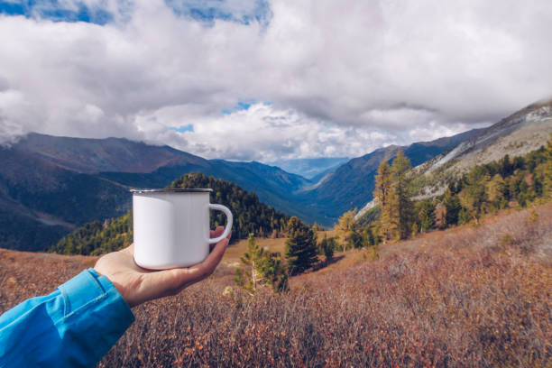 istock Hand holding enamel white mug mockup with forest and mountains valley background. Trekking merchandise and camping gear. Stock wildwood photo with white metal cup. Rustic product template. 1401664732