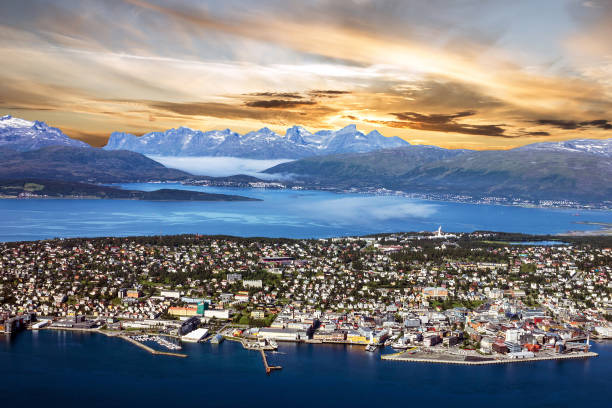 Tromso, Norway. Panoramic sunset sea view from mountain, Norwegian city