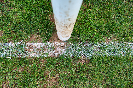A white line in front of a soccer post