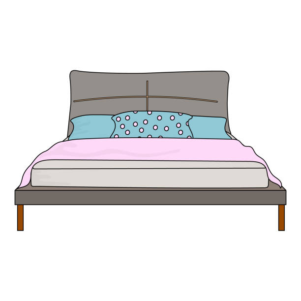 ilustraciones, imágenes clip art, dibujos animados e iconos de stock de una cama con una almohada azul, una manta y una sábana sobre un fondo blanco. cama doble vectorial. - queen size bed