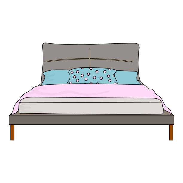 illustrations, cliparts, dessins animés et icônes de un lit avec un oreiller bleu, une couverture et un drap sur fond blanc. lit double vectoriel. - queen size bed