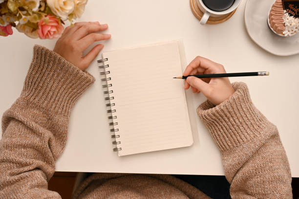 istock A female college student in her worktable writing something on her diary. top view 1401669329