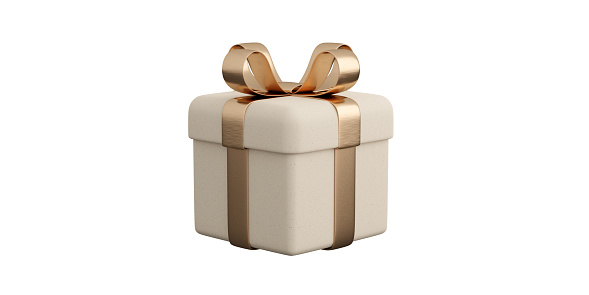 Realistic white paper gift box with golden ribbon bow. Concept of abstract holiday, birthday or wedding present or surprise. 3d high quality isolated render