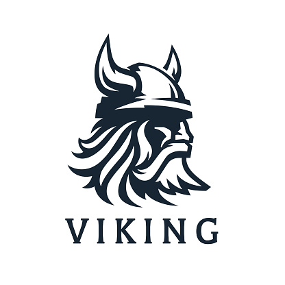 Viking icon design. Nordic warrior symbol. Horned Norseman emblem. Barbarian man head with horn helmet and beard. Brand identity vector illustration.