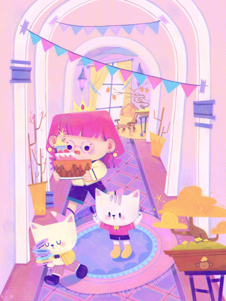 istock little baby girl Running her birthday cake with Two kitten 1401674328