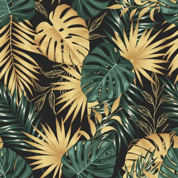 Vector illustration of Green and golden tropical leaves on a black background.