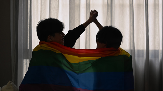 Silhouette of same sex couple sitting under rainbow flag. LGBT, pride, relationships and equality concept.