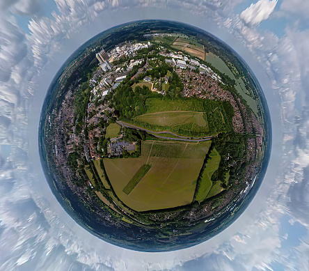 A tiny planet view of the Bury Bat on the outskirts of Bury St Edmunds in Suffolk, UK