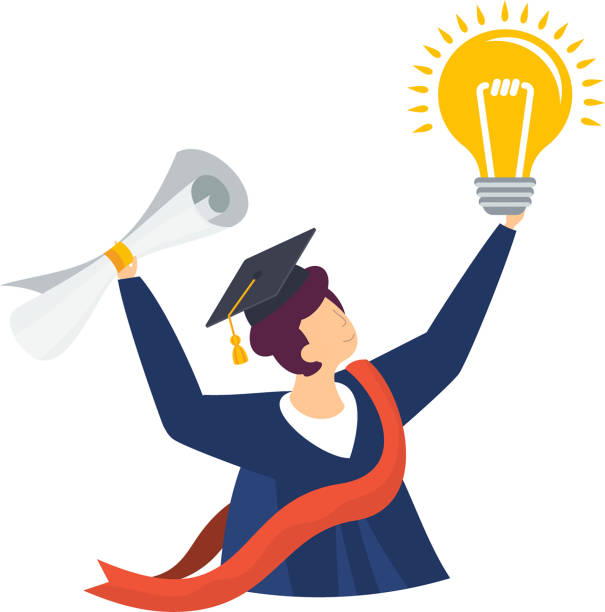 istock Half body man raises his diploma and idea lamp. Graduation ceremony. 1401676689