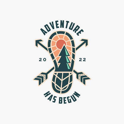 Outdoor adventure travel badge patch logo with barefoot boot landscape on white background