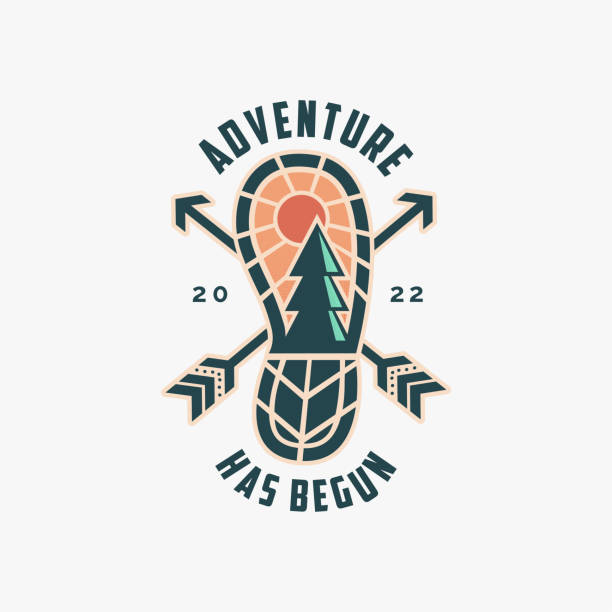 Outdoor adventure travel badge patch logo with barefoot boot landscape on white background Outdoor adventure travel badge patch logo with barefoot boot landscape on white background sports training camp stock illustrations